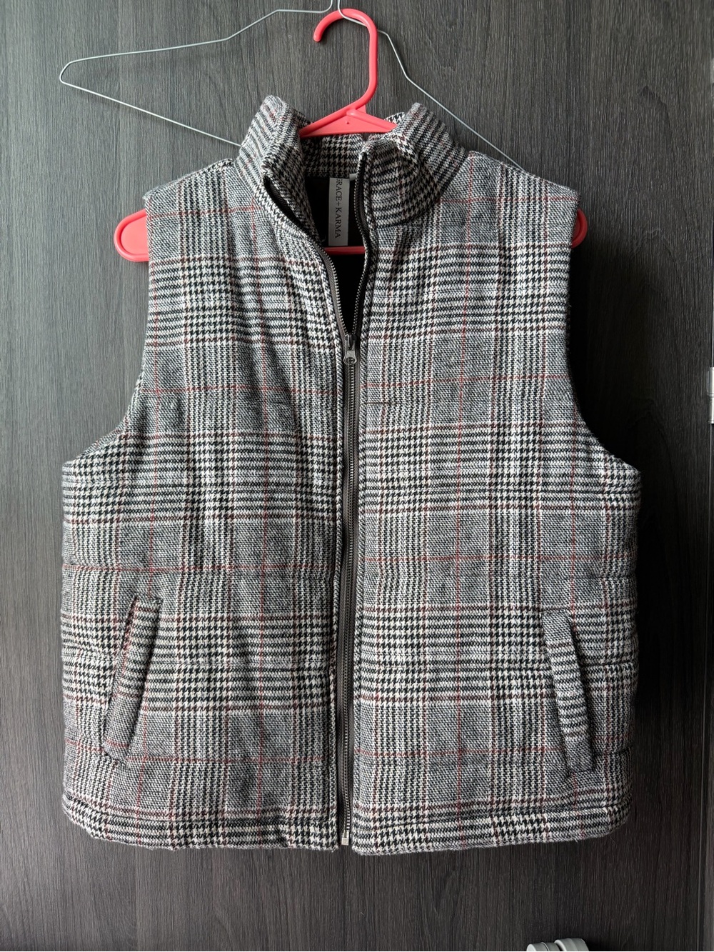 Grace + Karma Plaid Sleeveless Zip Vest with Red Accent Threads